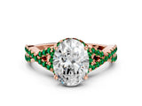 Rose gold Oval Cut Diamond with Emerald side stone Halo Twist Band Solitaire Prong Setting Ring_36