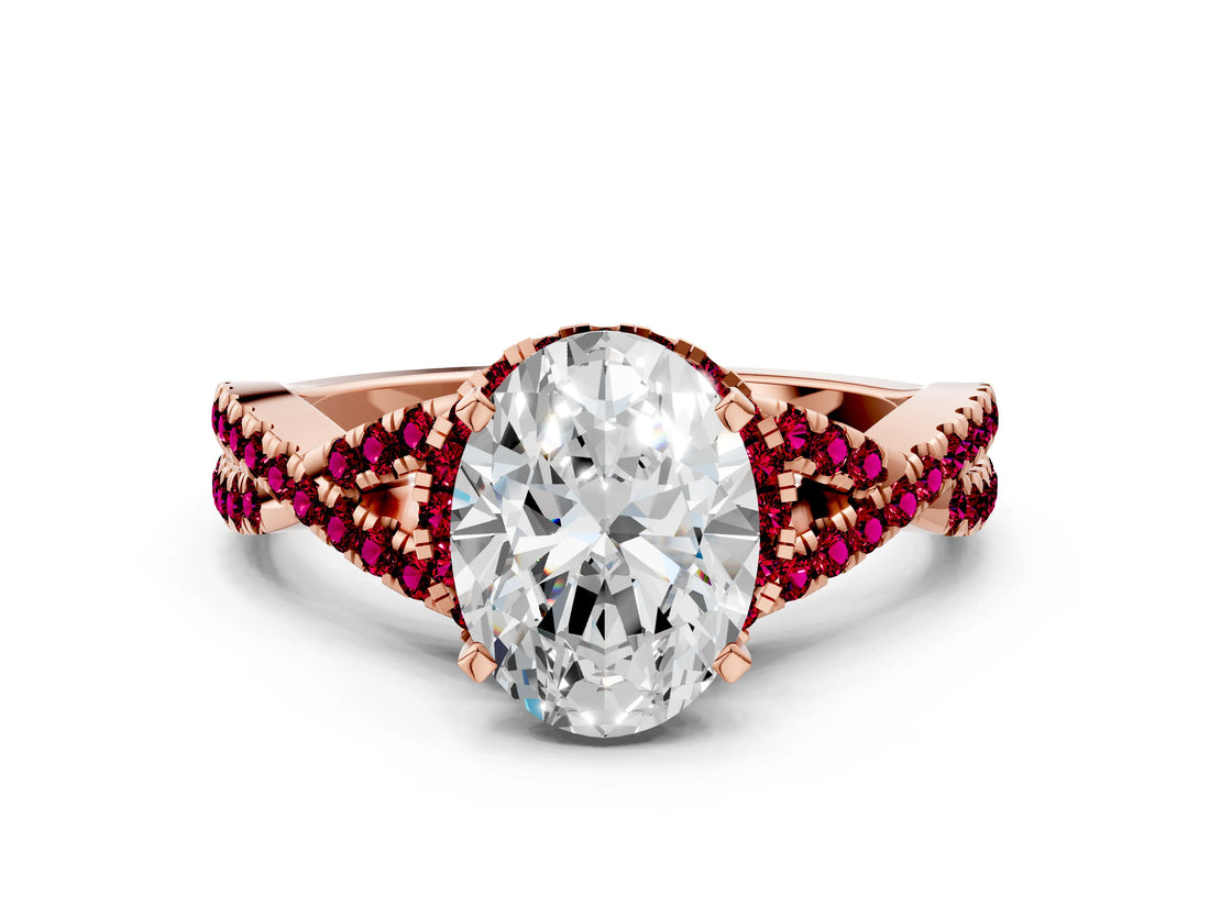 Rose gold Oval Cut Diamond with Garnet side stone Halo Twist Band Solitaire Prong Setting Ring_12