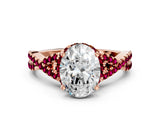 Rose gold Oval Cut Diamond with Garnet side stone Halo Twist Band Solitaire Prong Setting Ring_12