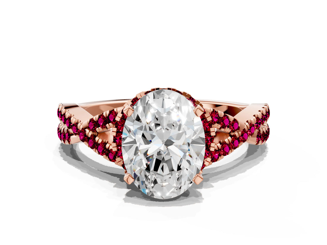 Rose gold Oval Cut Diamond with Garnet side stone Halo Twist Band Solitaire Prong Setting Ring_36