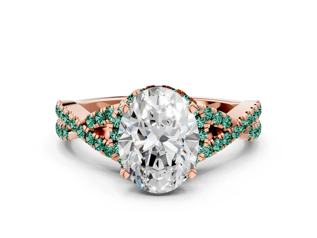 Rose gold Oval Cut Diamond with Green Sapphire side stone Halo Twist Band Solitaire Prong Setting Ring_12