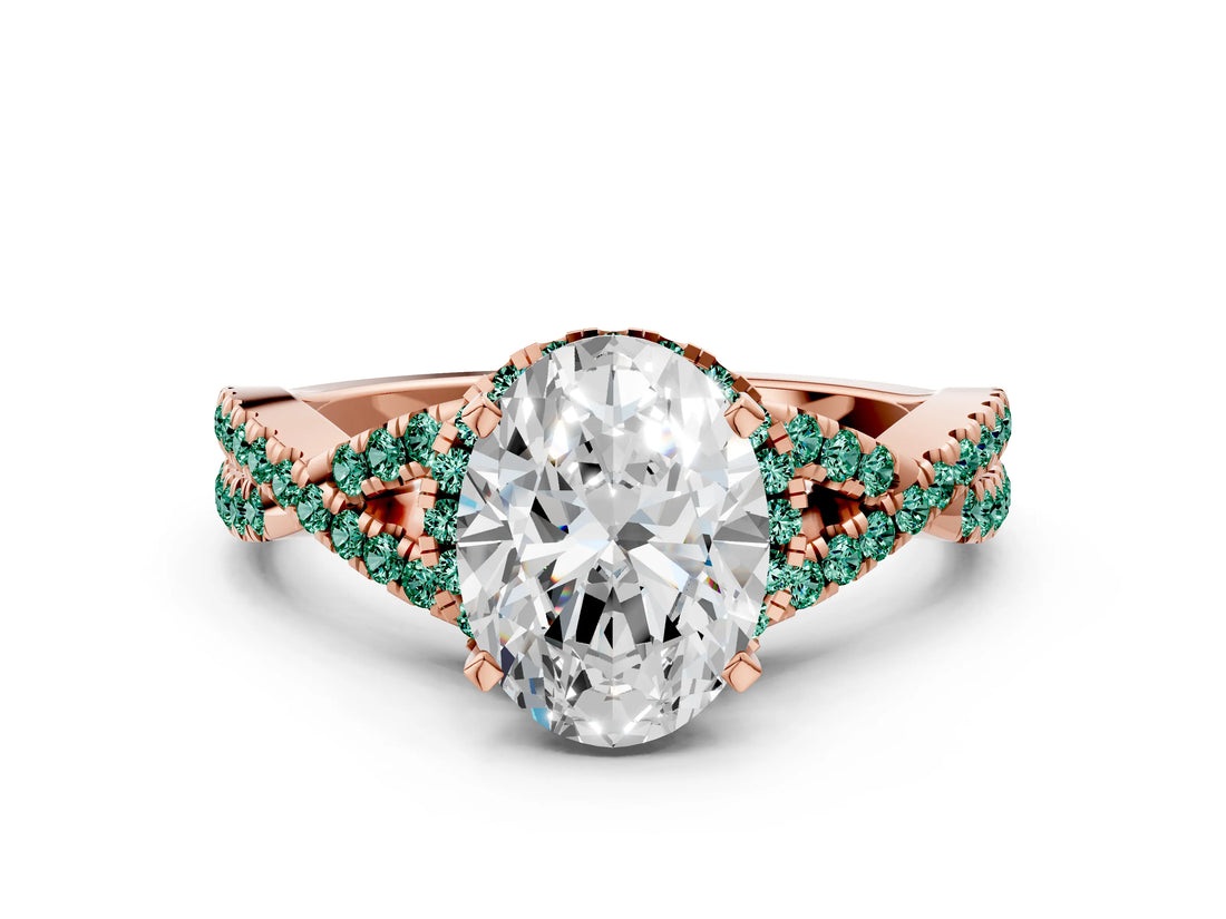 Rose gold Oval Cut Diamond with Green Sapphire side stone Halo Twist Band Solitaire Prong Setting Ring_24