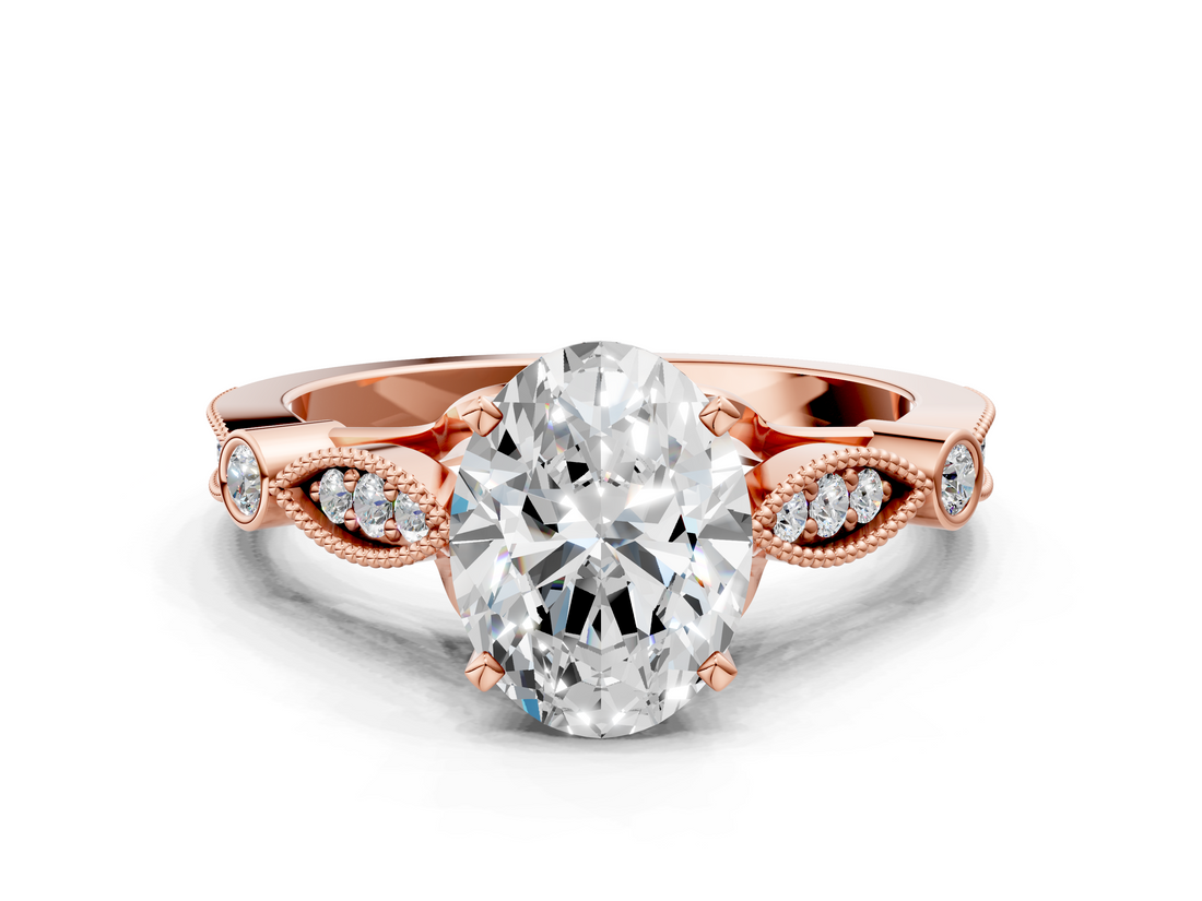 Rose gold Oval Cut Diamond with Milgrain Marquise and Bezel Accents on a Solitaire Band with Prong Setting_215