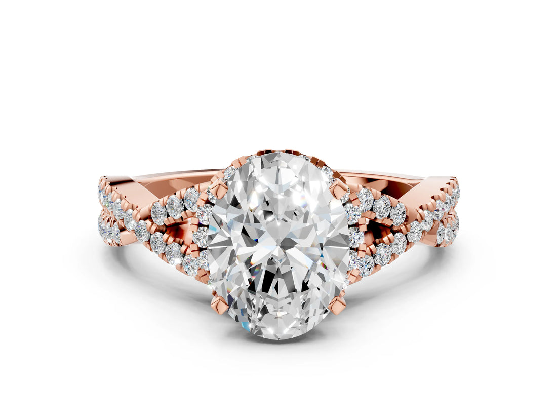 Rose gold Oval Cut Diamond with Moissanite side stone Halo Twist Band Solitaire Prong Setting Ring_36
