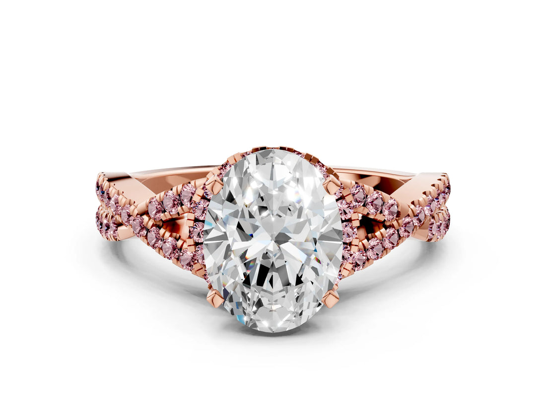 Rose gold Oval Cut Diamond with Morganite side stone Halo Twist Band Solitaire Prong Setting Ring_12