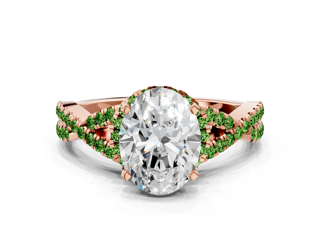 Rose gold Oval Cut Diamond with Peridot side stone Halo Twist Band Solitaire Prong Setting Ring_12