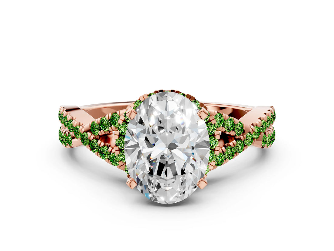 Rose gold Oval Cut Diamond with Peridot side stone Halo Twist Band Solitaire Prong Setting Ring_24