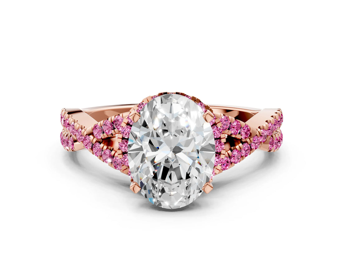 Rose gold Oval Cut Diamond with Pink Sapphire side stone Halo Twist Band Solitaire Prong Setting Ring_12