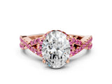 Rose gold Oval Cut Diamond with Pink Sapphire side stone Halo Twist Band Solitaire Prong Setting Ring_12