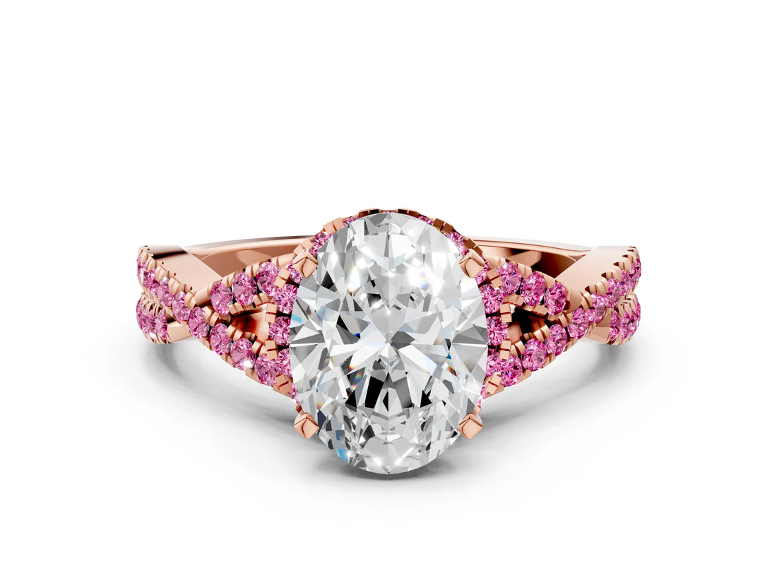 Rose gold Oval Cut Diamond with Pink Sapphire side stone Halo Twist Band Solitaire Prong Setting Ring_24