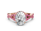 Rose gold Oval Cut Diamond with Pink Sapphire side stone Halo Twist Band Solitaire Prong Setting Ring_24