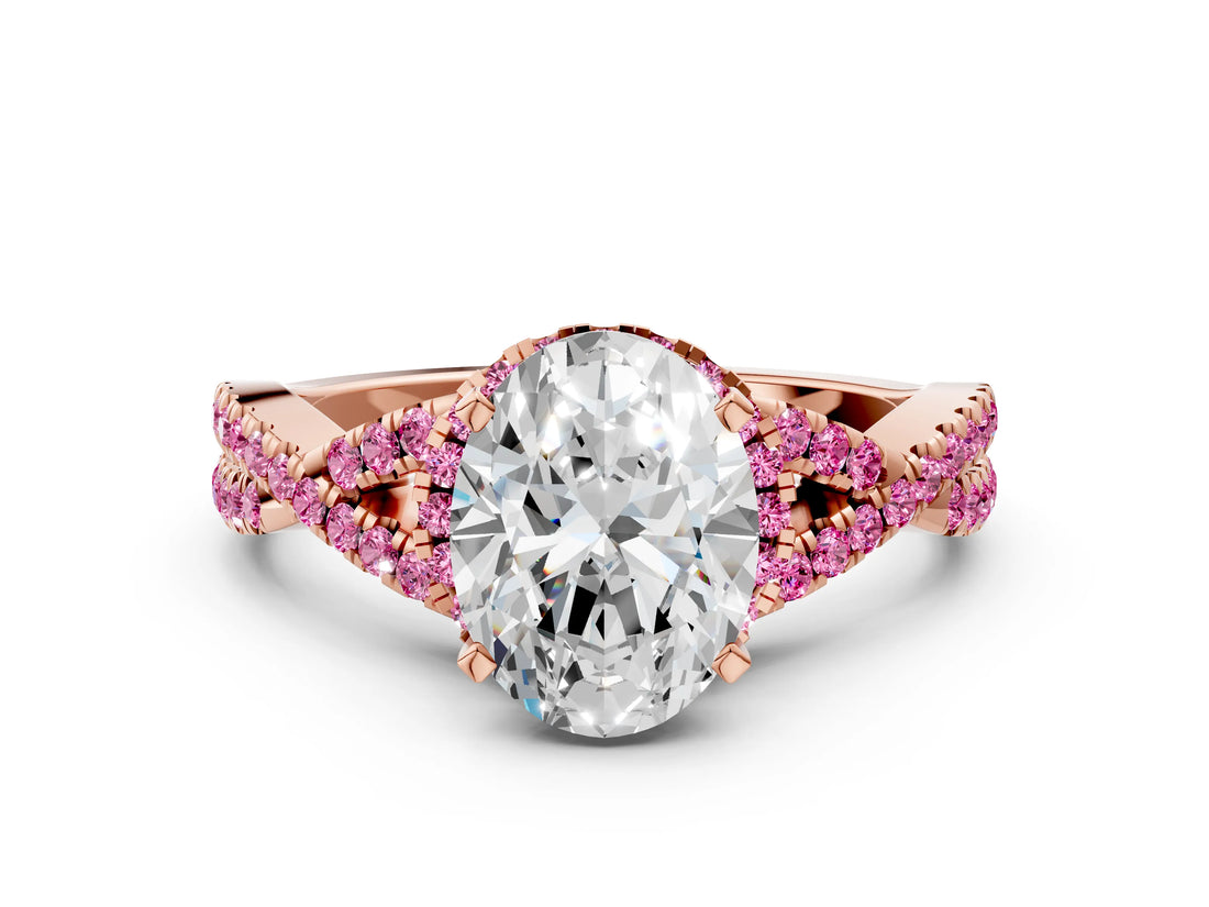 Rose gold Oval Cut Diamond with Pink Sapphire side stone Halo Twist Band Solitaire Prong Setting Ring_36