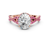 Rose gold Oval Cut Diamond with Pink Sapphire side stone Halo Twist Band Solitaire Prong Setting Ring_36