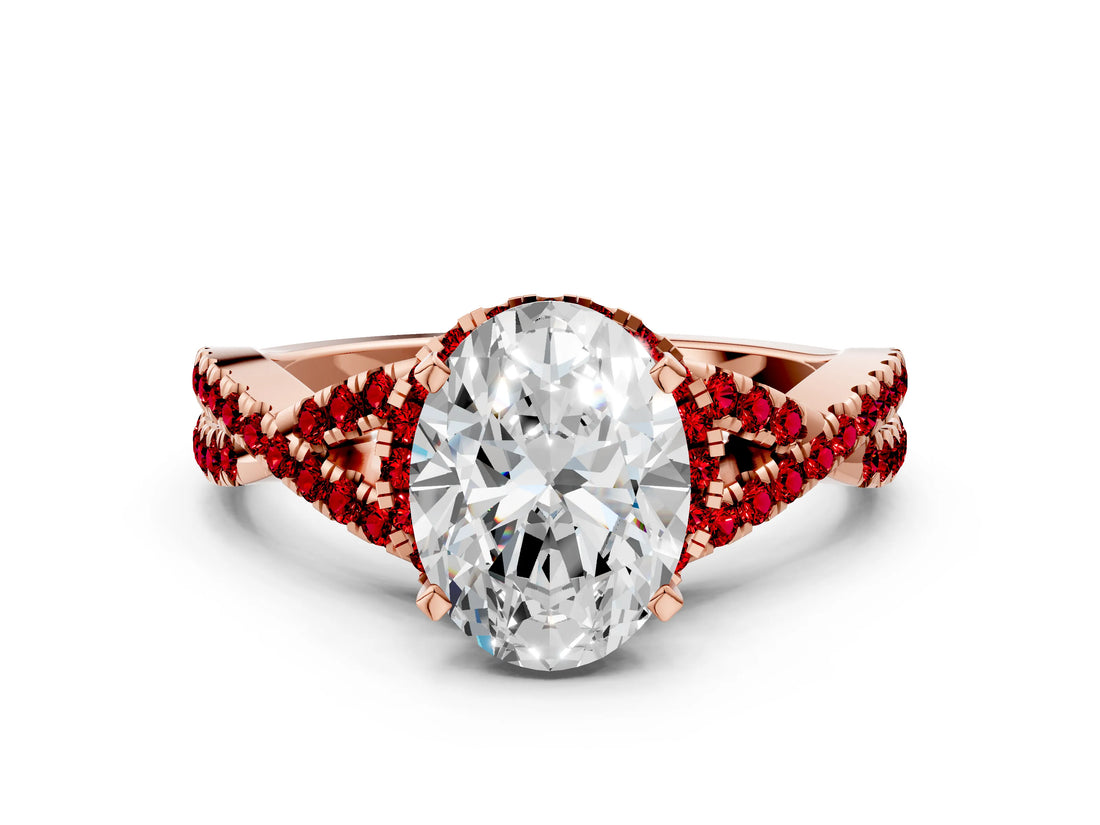 Rose gold Oval Cut Diamond with Ruby side stone Halo Twist Band Solitaire Prong Setting Ring_36