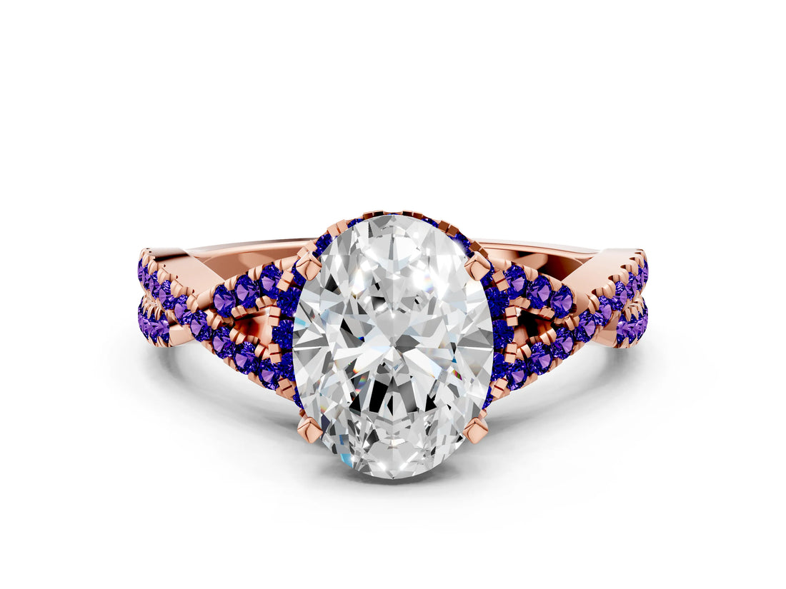Rose gold Oval Cut Diamond with Tanzanite side stone Halo Twist Band Solitaire Prong Setting Ring_12