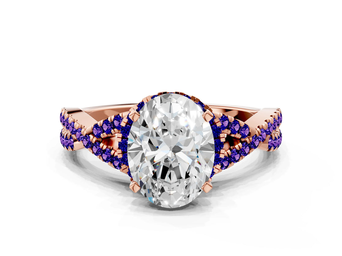 Rose gold Oval Cut Diamond with Tanzanite side stone Halo Twist Band Solitaire Prong Setting Ring_36