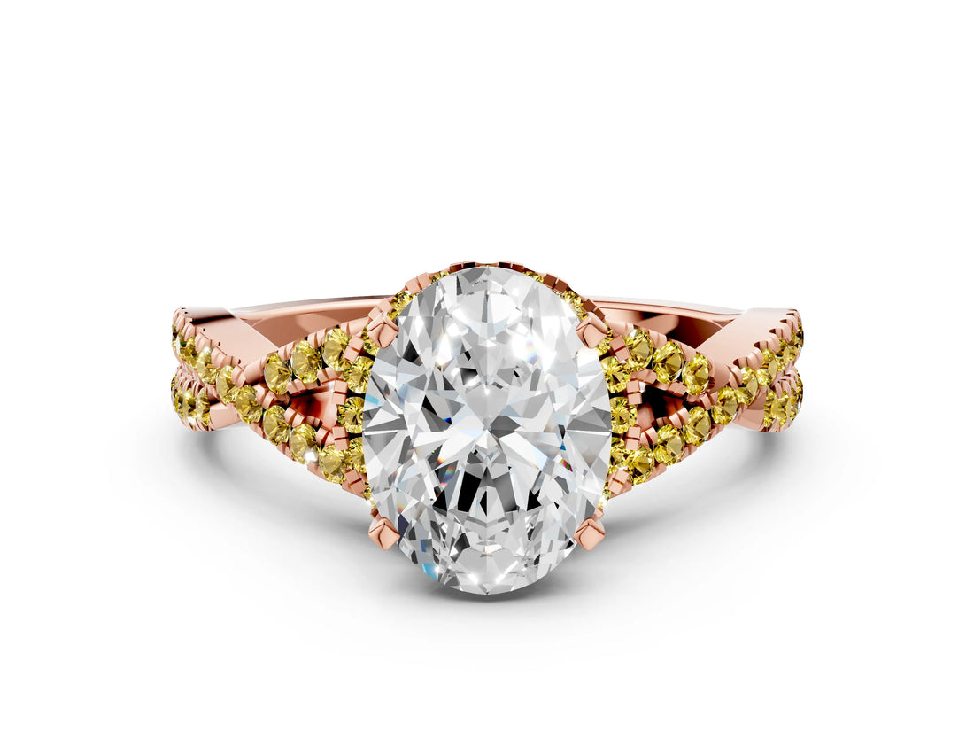 Rose gold Oval Cut Diamond with Yellow Sapphire side stone Halo Twist Band Solitaire Prong Setting Ring_24