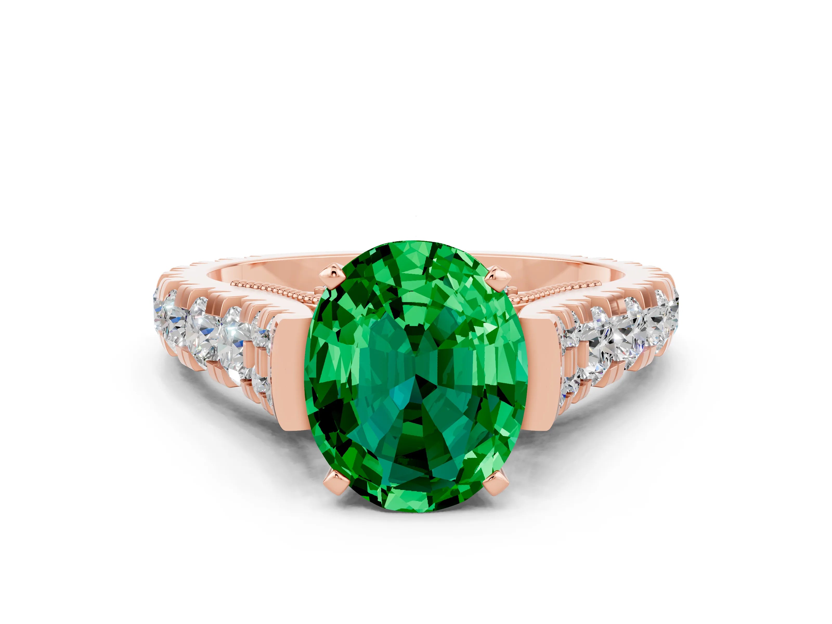 Rose gold Oval Cut Emerald Classic Solitaire Ring with Pavé Band and Four-Prong Setting