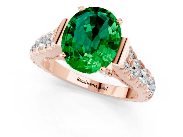 Rose gold Oval Cut Emerald Classic Solitaire Ring with Pavé Band and Four-Prong Setting
