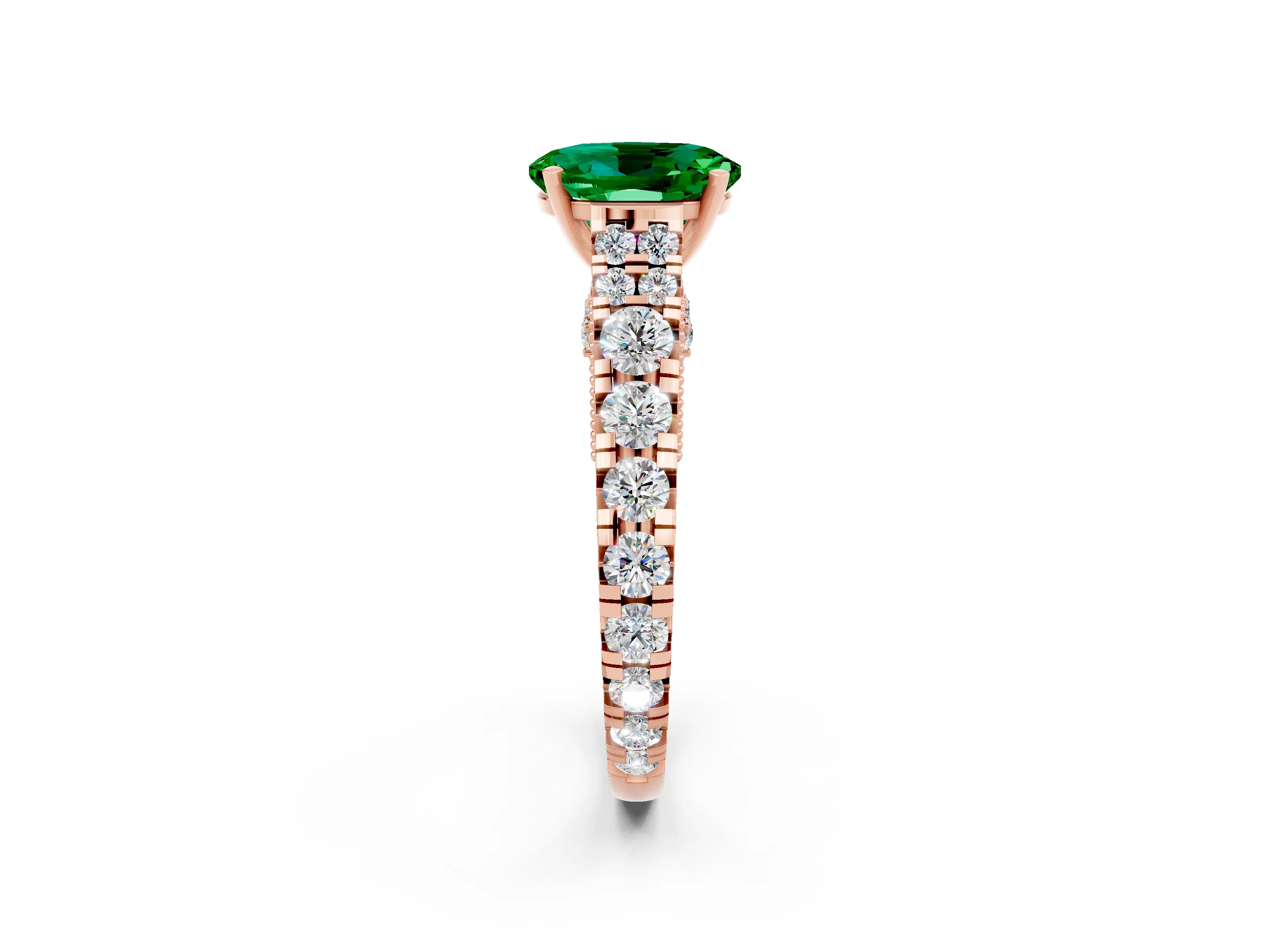 Rose gold Oval Cut Emerald Classic Solitaire Ring with Pavé Band and Four-Prong Setting_2