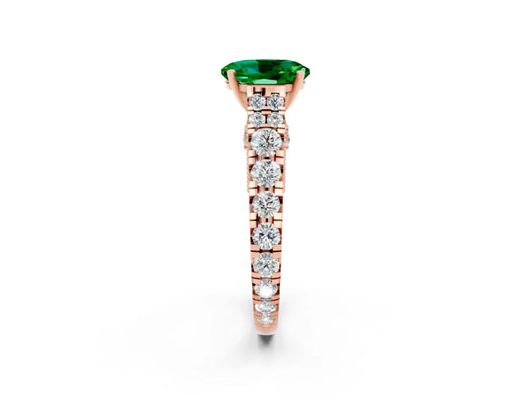 Rose gold Oval Cut Emerald Classic Solitaire Ring with Pavé Band and Four-Prong Setting