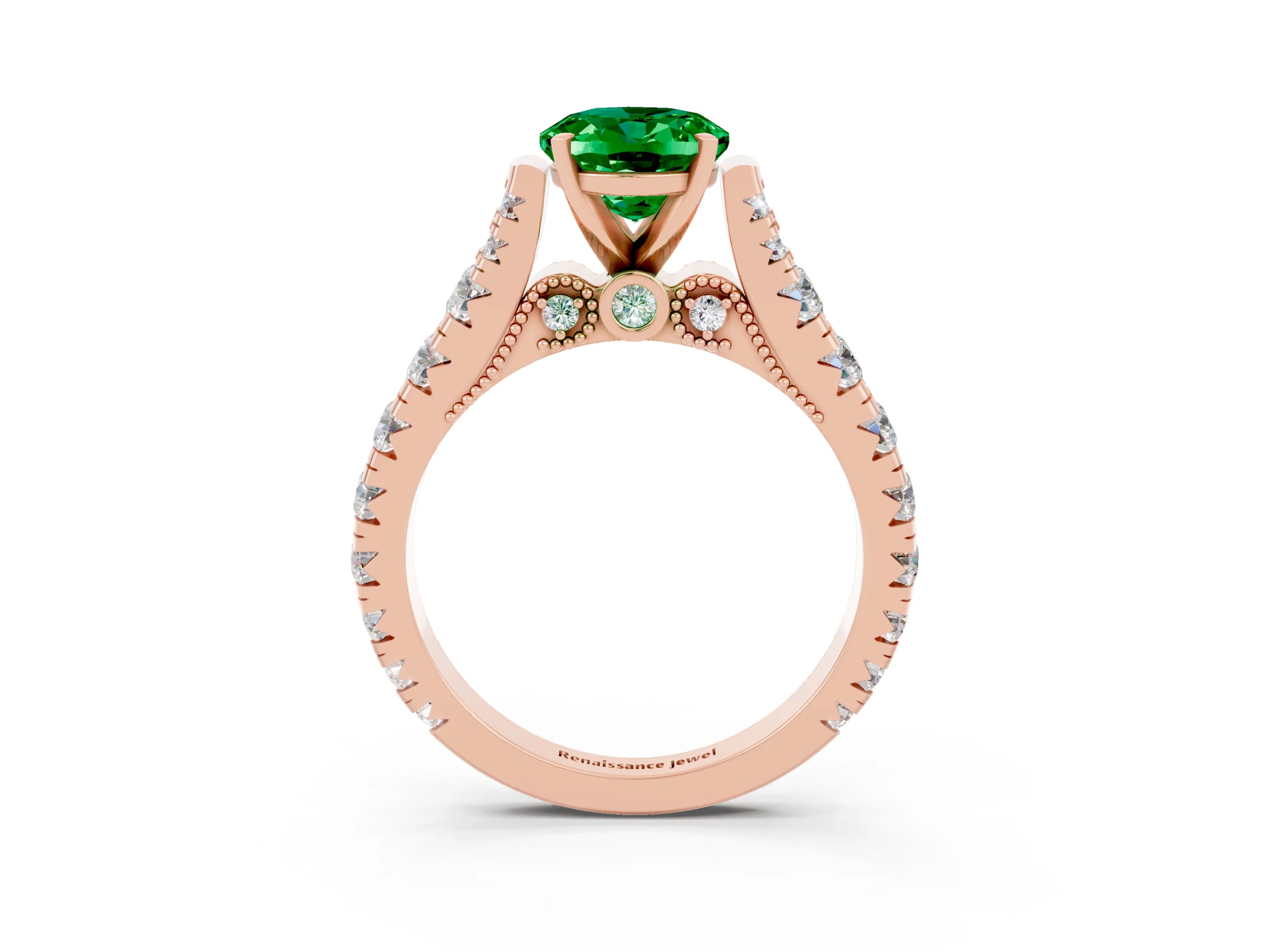 Rose gold Oval Cut Emerald Classic Solitaire Ring with Pavé Band and Four-Prong Setting_3