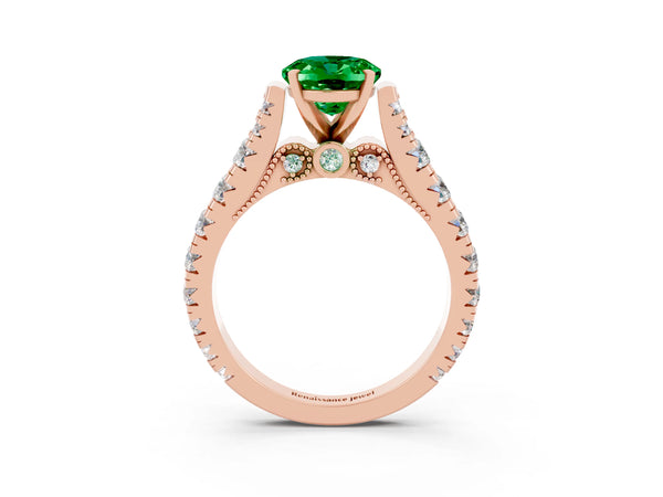 Rose gold Oval Cut Emerald Classic Solitaire Ring with Pavé Band and Four-Prong Setting