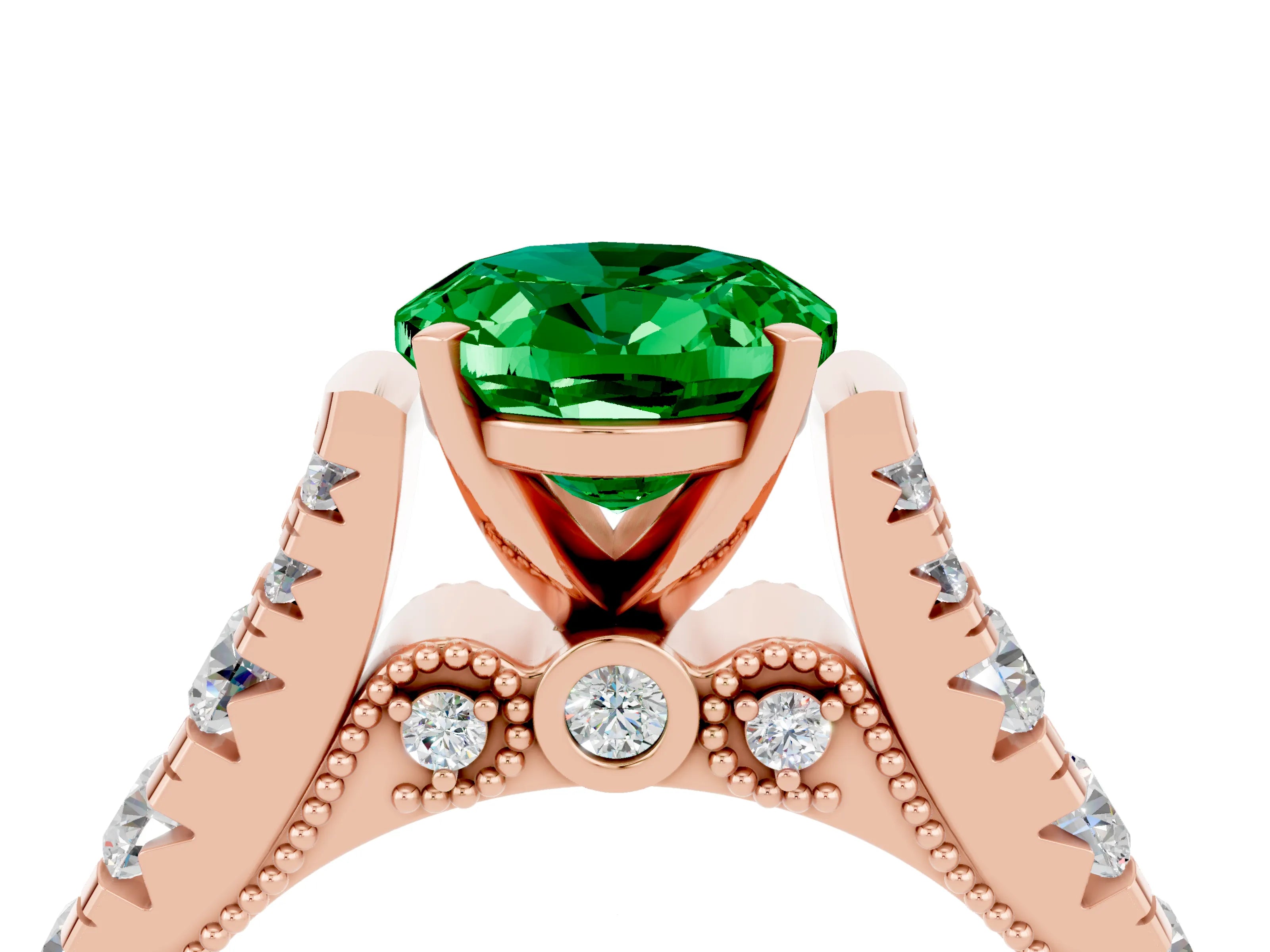 Rose gold Oval Cut Emerald Classic Solitaire Ring with Pavé Band and Four-Prong Setting_4