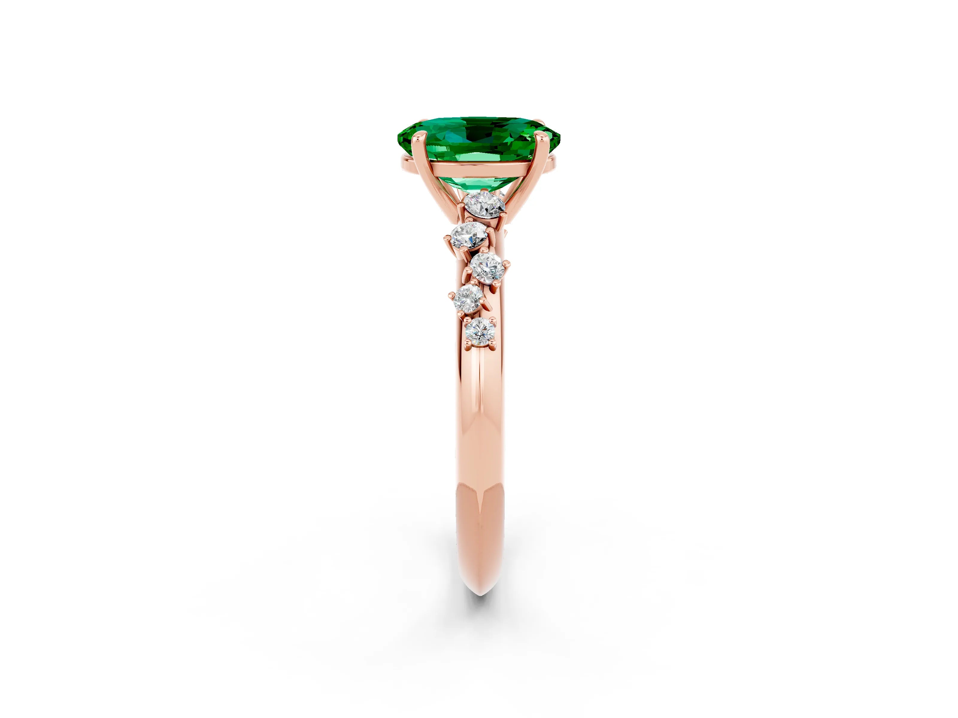 Rose gold Oval Cut Emerald Cluster Side Stone Solitaire Ring with Prong Setting_26