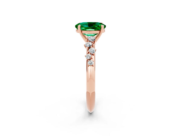 Rose gold Oval Cut Emerald Cluster Side Stone Solitaire Ring with Prong Setting