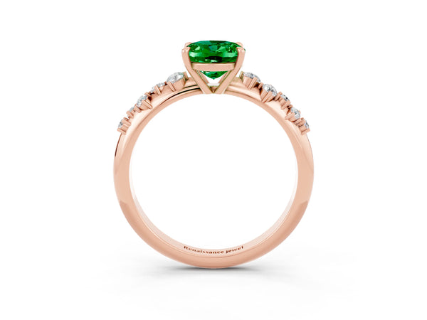 Rose gold Oval Cut Emerald Cluster Side Stone Solitaire Ring with Prong Setting