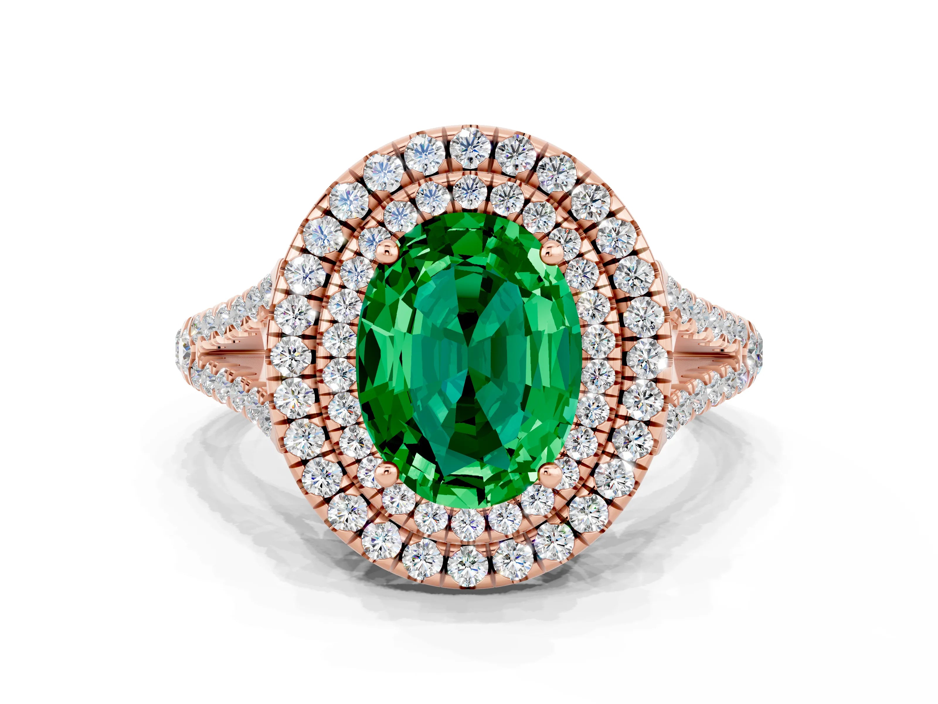 Rose gold Oval Cut Emerald Double Halo Ring with Pavé Band and Prong Setting_12