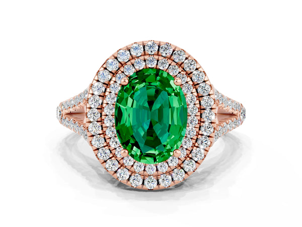 Rose gold Oval Cut Emerald Double Halo Ring with Pavé Band and Prong Setting