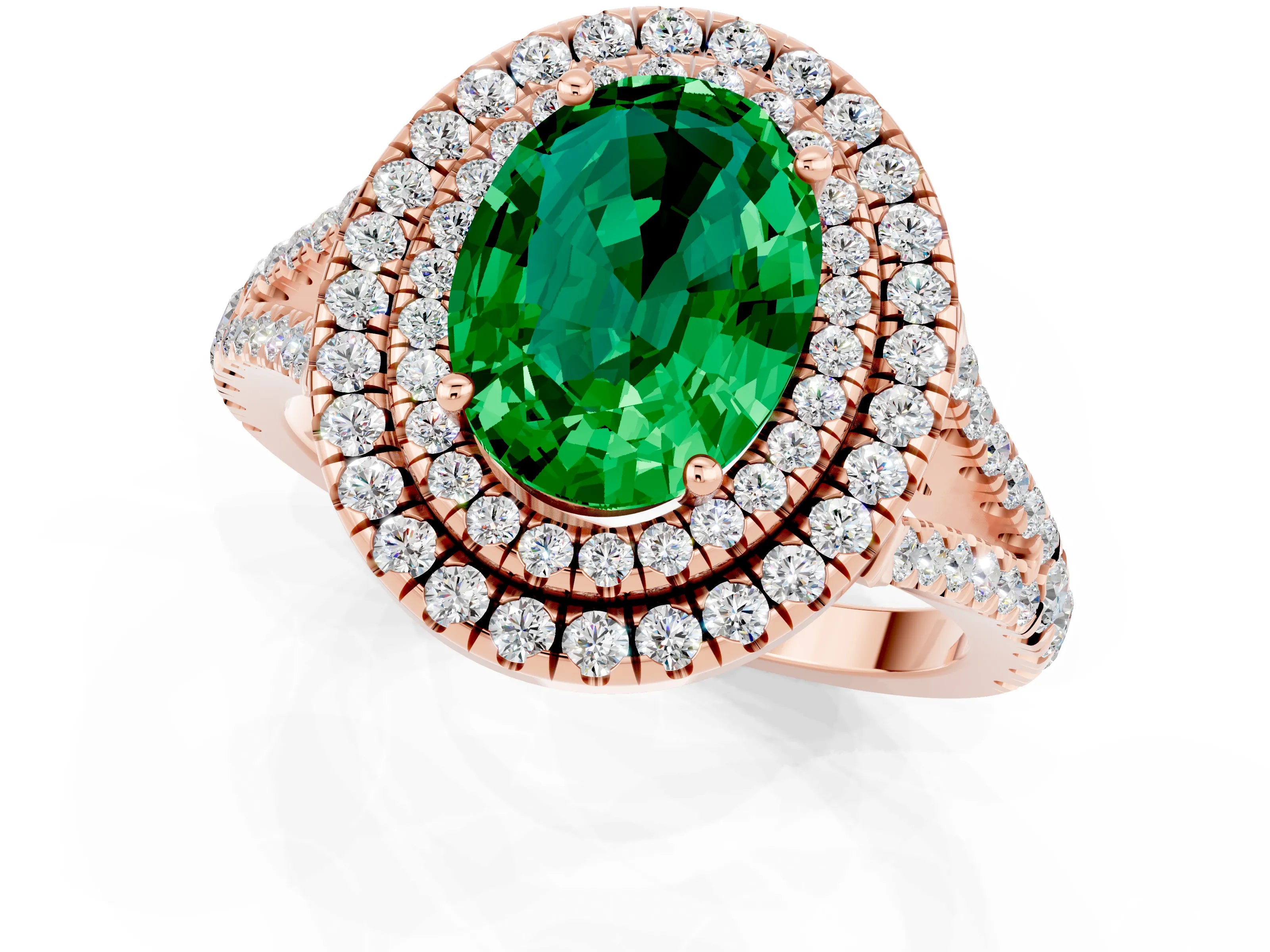 Rose gold Oval Cut Emerald Double Halo Ring with Pavé Band and Prong Setting_13