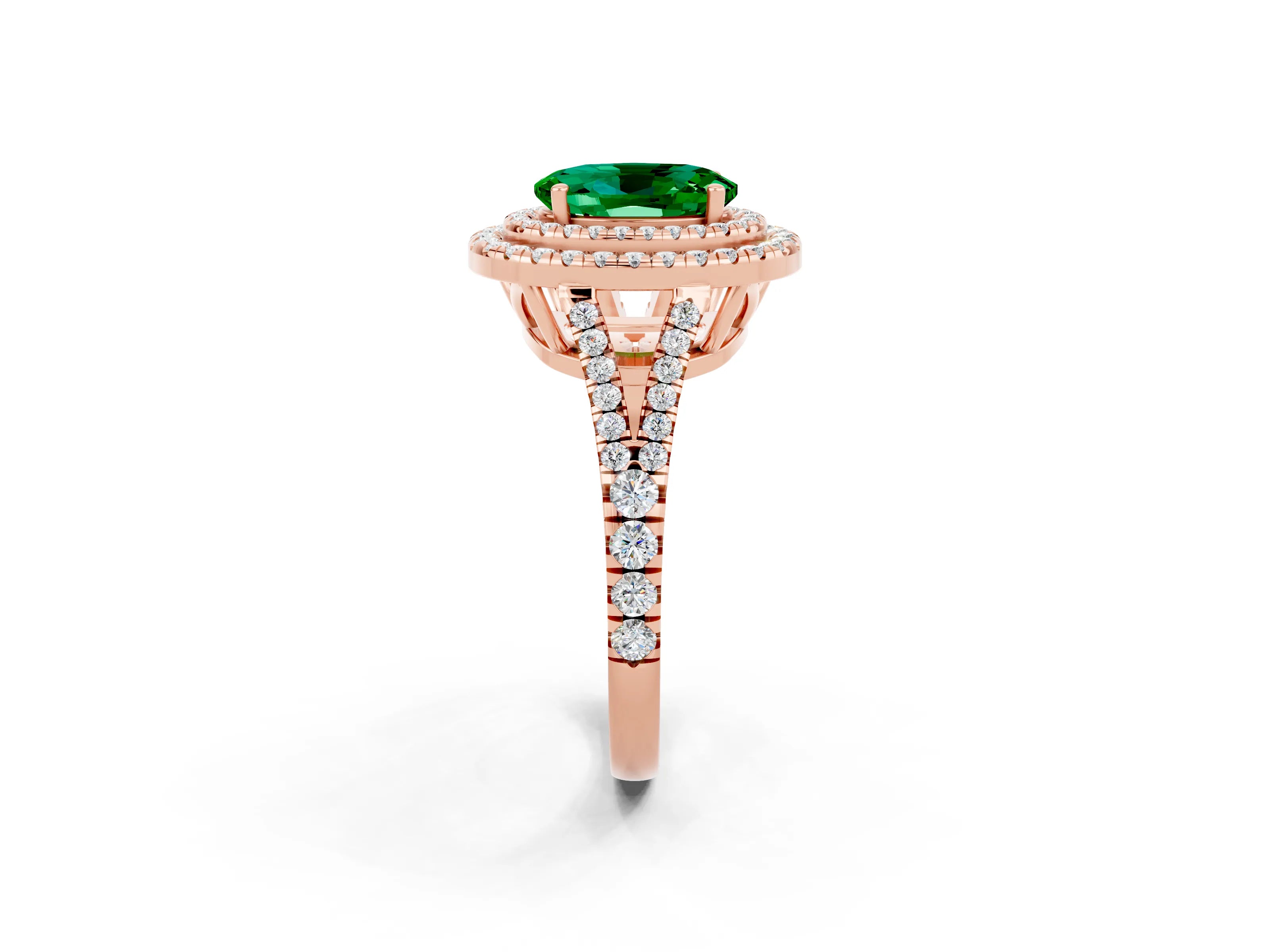 Rose gold Oval Cut Emerald Double Halo Ring with Pavé Band and Prong Setting_14