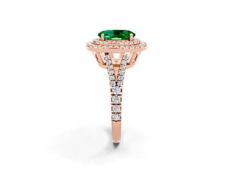 Rose gold Oval Cut Emerald Double Halo Ring with Pavé Band and Prong Setting_14
