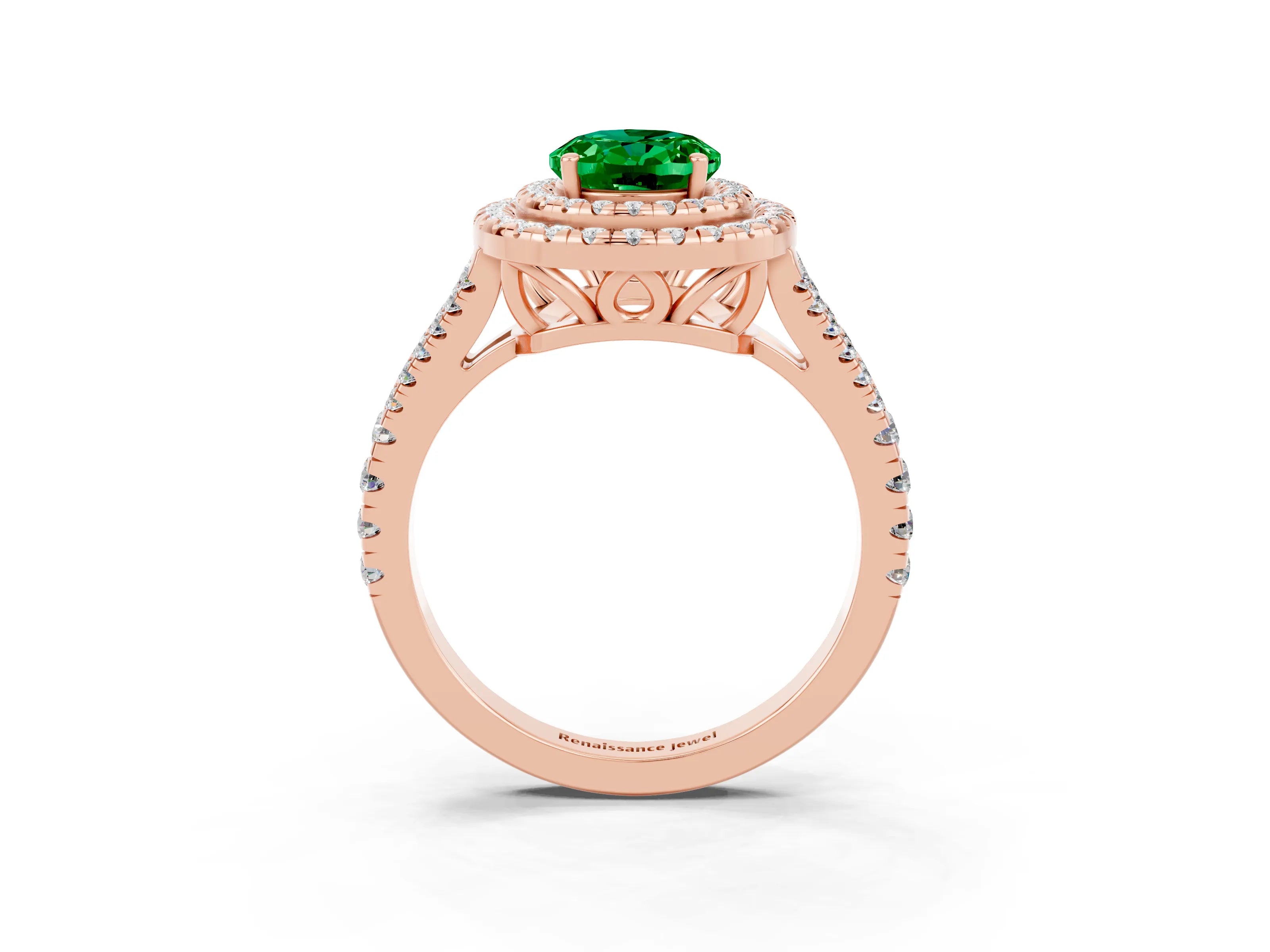 Rose gold Oval Cut Emerald Double Halo Ring with Pavé Band and Prong Setting_15