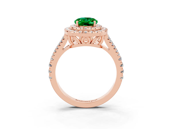 Rose gold Oval Cut Emerald Double Halo Ring with Pavé Band and Prong Setting