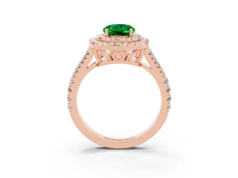 Rose gold Oval Cut Emerald Double Halo Ring with Pavé Band and Prong Setting_15