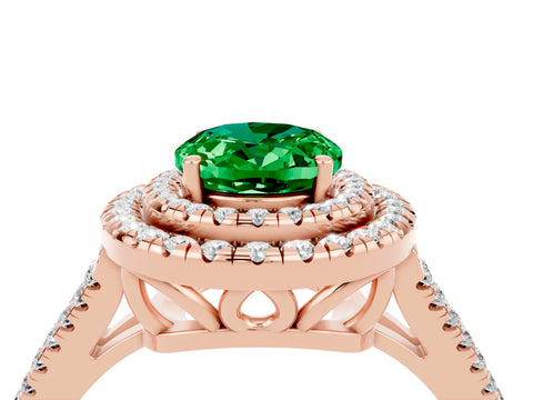 Rose gold Oval Cut Emerald Double Halo Ring with Pavé Band and Prong Setting_16