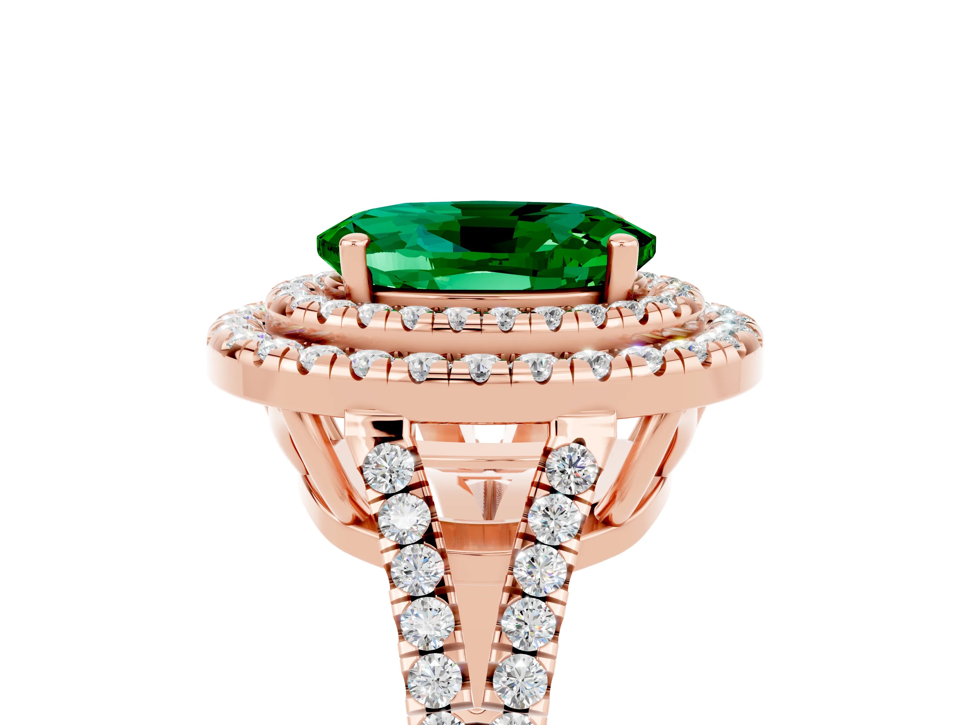 Rose gold Oval Cut Emerald Double Halo Ring with Pavé Band and Prong Setting_17