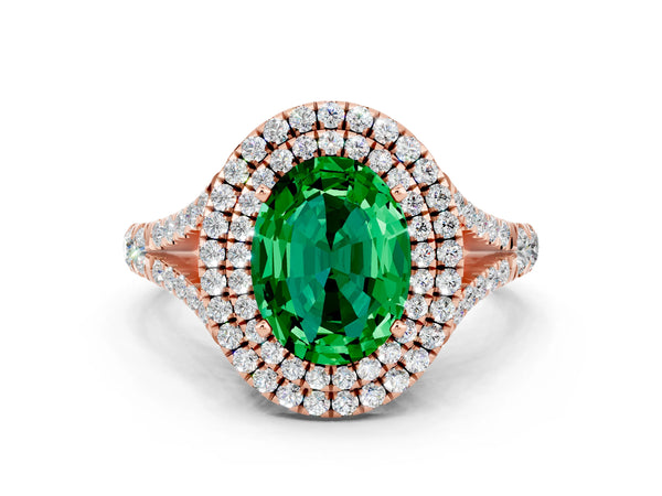 Rose gold Oval Cut Emerald Double Halo Ring with Split Shank and Prong Setting
