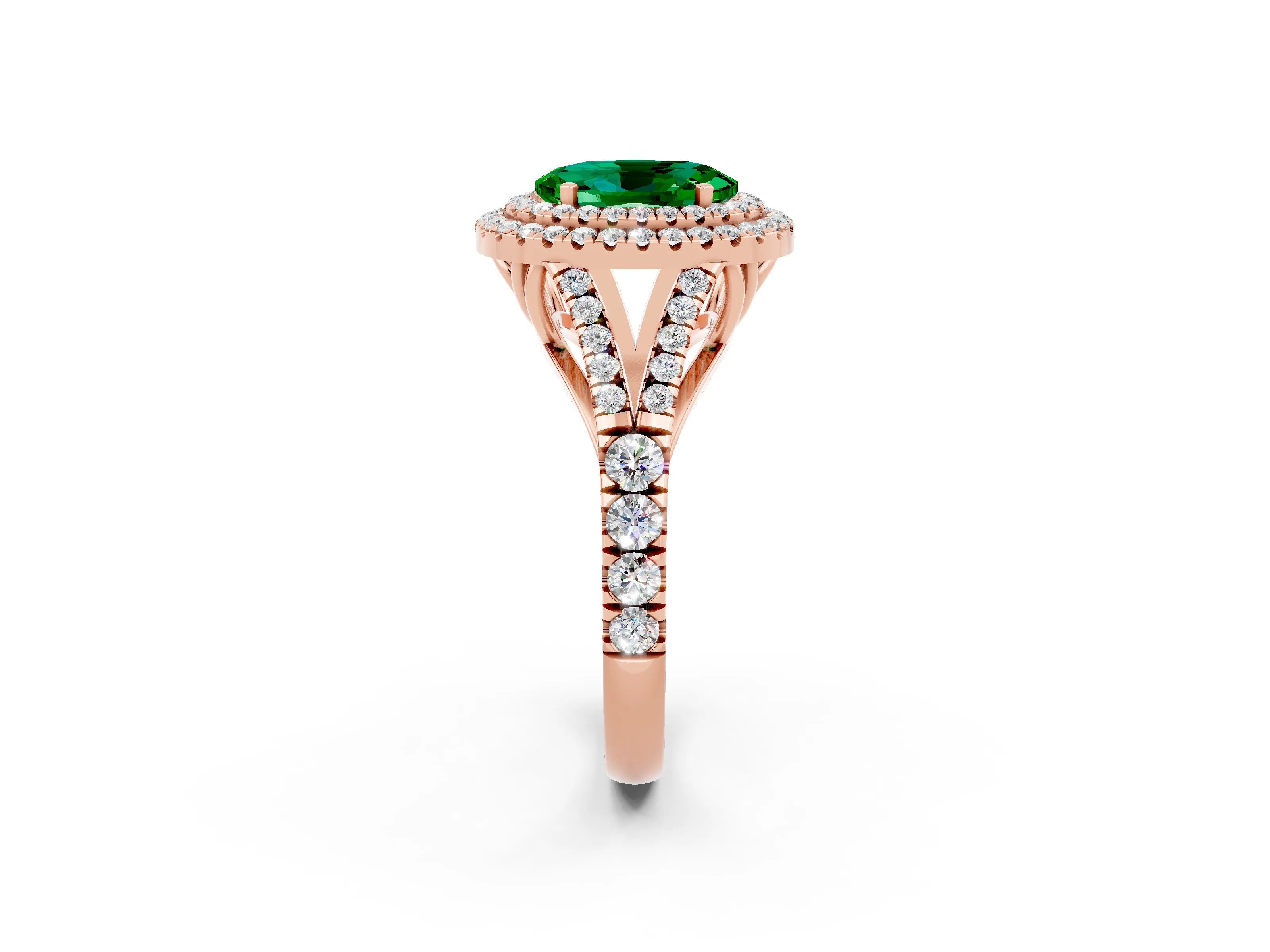 Rose gold Oval Cut Emerald Double Halo Ring with Split Shank and Prong Setting_14