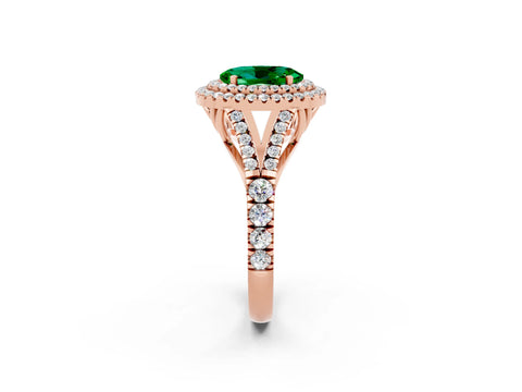 Rose gold Oval Cut Emerald Double Halo Ring with Split Shank and Prong Setting_14