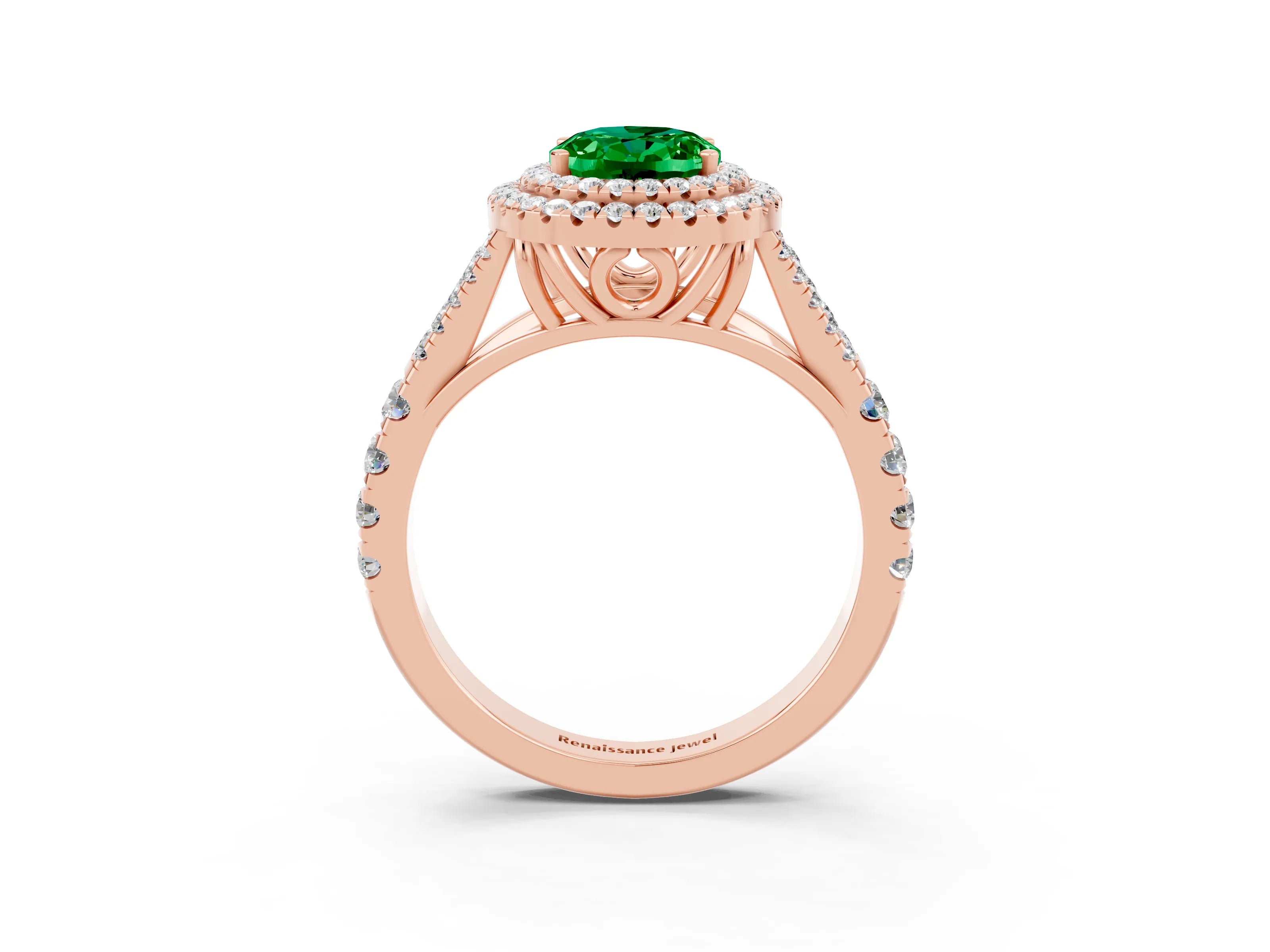 Rose gold Oval Cut Emerald Double Halo Ring with Split Shank and Prong Setting_15