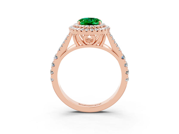 Rose gold Oval Cut Emerald Double Halo Ring with Split Shank and Prong Setting