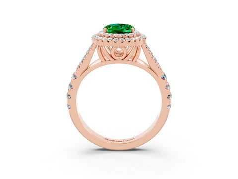 Rose gold Oval Cut Emerald Double Halo Ring with Split Shank and Prong Setting_15