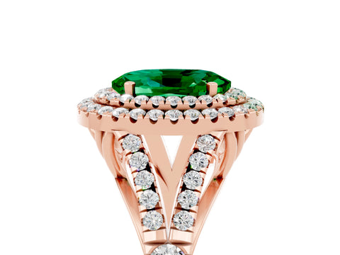 Rose gold Oval Cut Emerald Double Halo Ring with Split Shank and Prong Setting_17