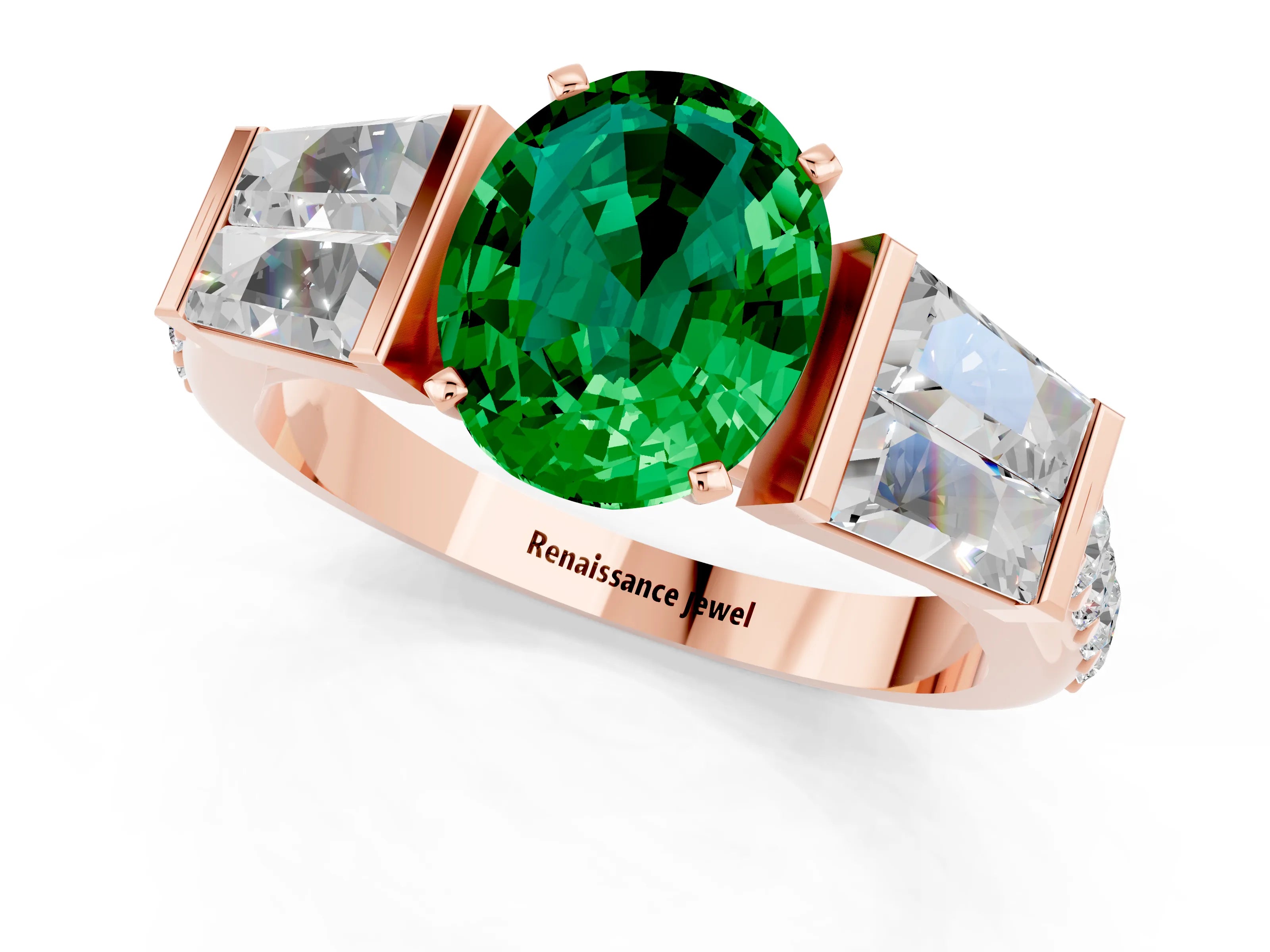 Rose gold Oval Cut Emerald Engagement Ring with Baguette Side Stones and Channel Set Band_1