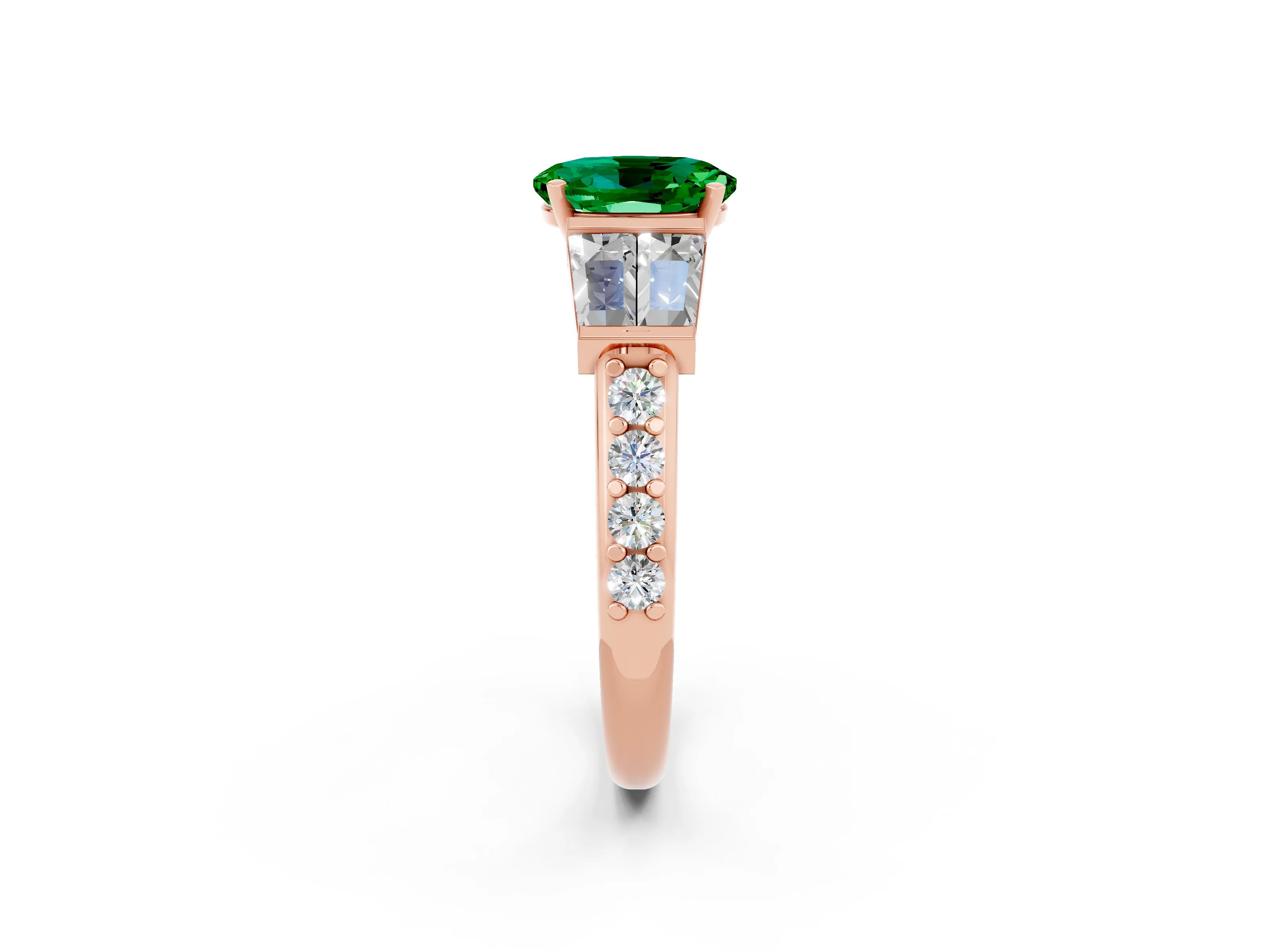 Rose gold Oval Cut Emerald Engagement Ring with Baguette Side Stones and Channel Set Band_2